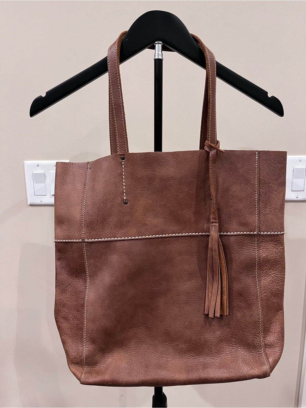 Roots Brown Tribe Leather French Tote Bag with Tassel Handcrafted Canada